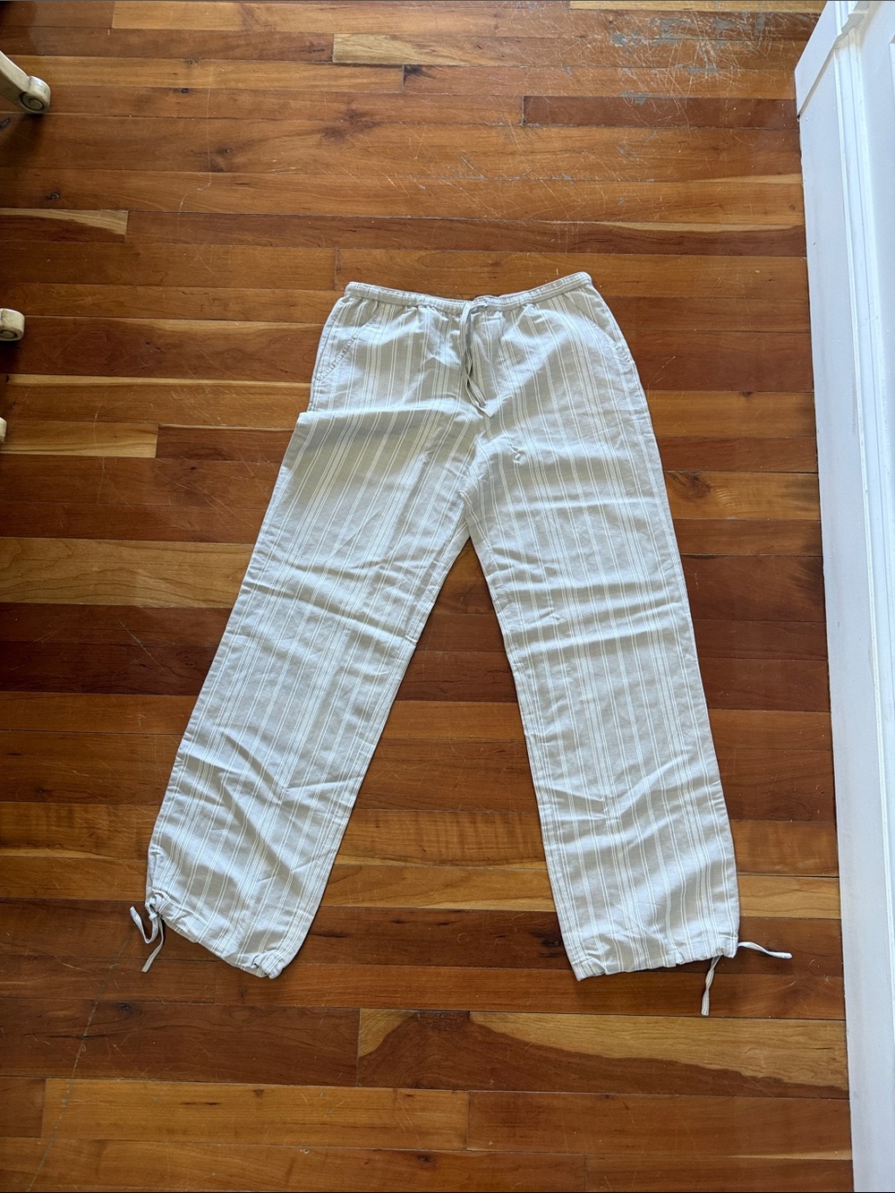 Audrey Lane Striped Coastal Pants Linen Look Ankle Tie NEW!
